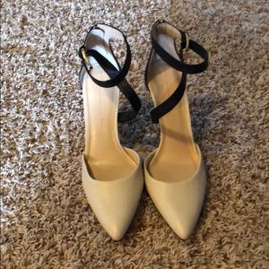 Black and ivory cross strap heels